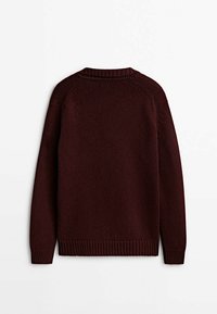Pull en tricot brun foncé à manches longues, avec poignets, ourlet et encolure côtelés, vu de dos sur un fond blanc.
