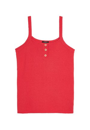 Czerwona dzianinowa kamizelka na cienkich ramiączkach, poziomy prążkowany wzór, okrągły dekolt i trzy guziki na przodzie.