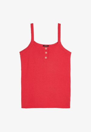Czerwona dzianinowa kamizelka na cienkich ramiączkach, poziomy prążkowany wzór, okrągły dekolt i trzy guziki na przodzie.