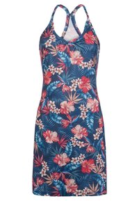Robe sans manches à motifs floraux tropicaux avec des hibiscus bleus, rouges et roses et des palmiers, dotée de fines bretelles croisées.
