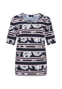 Marineblauwe t-shirt met witte en roze horizontale strepen en bloemmotieven. Ronde hals en korte mouwen met een gestructureerde afwerking.
