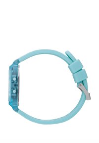 Montre en plastique turquoise avec un cadran rectangulaire, deux boutons sur le côté, un bracelet lisse et une boucle en métal argenté.