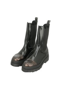 Black patent leather ankle boots with a shiny finish, featuring a glittery cap toe, elastic side panels, and textured black rubber sole.