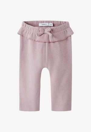 Lichtroze gebreide legging met een gestructureerd zigzagpatroon, elastische tailleband en een ruches met een strikdetail aan de bovenkant.