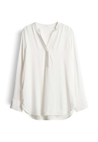 Witte blouse met lange mouwen, V-halsopening en kraagloos ontwerp, licht gebogen zoom en brede manchetten.