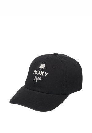 Schwarze Baseballkappe mit gewölbtem Schild, weißer "ROXY"-Schrift, Sonnensymbol und kursiv gesticktem "Surf Co" auf dem Vorderteil.