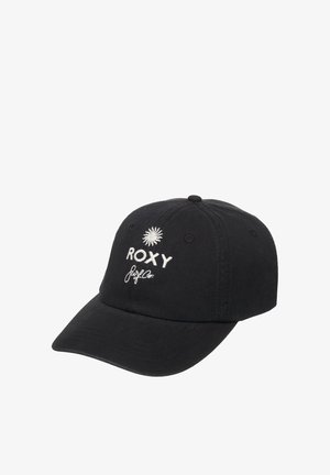 Czarna czapka baseballowa z zakrzywionym daszkiem z białym napisem "ROXY", symbolem słońca i kursywą "Surf Co" wyszytą na przednim panelu.