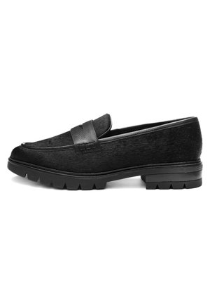Sort loafer i læder med pelsstruktur, tyk gummisål og lav blokhæl, vist i sideprofil på hvid baggrund.