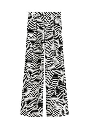 Schwarz-weiße, weit geschnittene Hose mit geometrischem Muster aus Dreiecken und Streifen, aus einem leichten Stoff mit glatter Textur gefertigt.