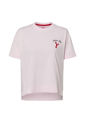 Hellrosa T-Shirt mit kurzen Ärmeln und rundem Ausschnitt, mit einer kleinen roten Hummergrafik und dem Schriftzug „Lobster Club“ auf der oberen linken Brust.