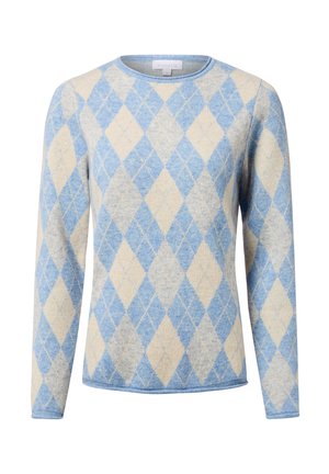 Pull en tricot à manches longues avec un motif argyle en losanges bleu, beige et gris clair et un col rond.