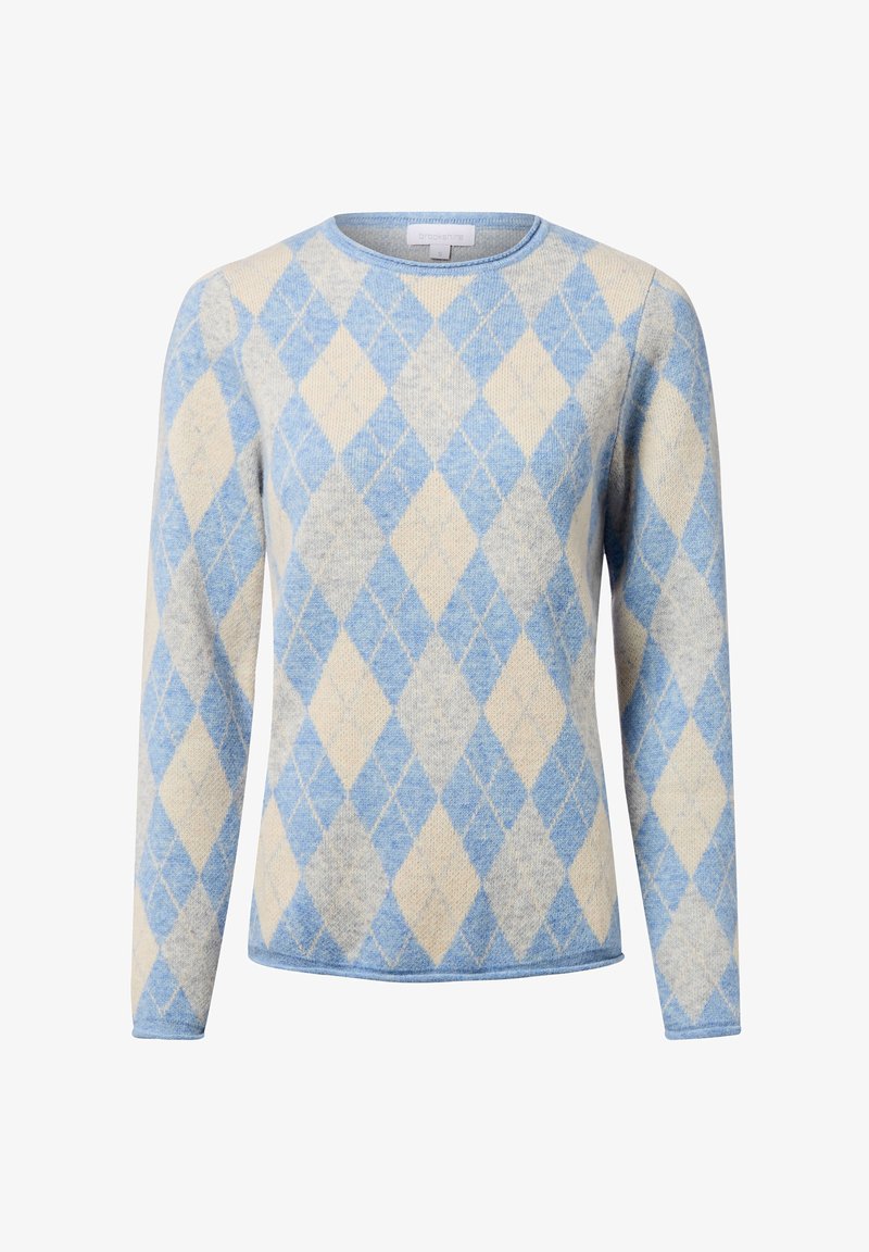Pull en tricot à manches longues avec un motif argyle en losanges bleu, beige et gris clair et un col rond.