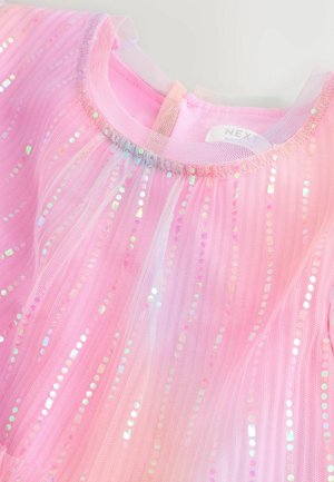 Rosa Tüllkleid mit schimmernden Pailletten in vertikalen Streifen. Runder Ausschnitt mit weichem Besatz und einem Schlüsselöffnung-Rückenverschluss.