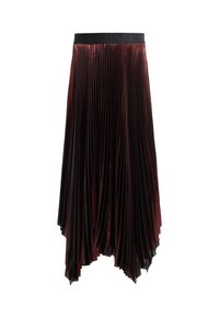 Jupe plissée métallique rouge foncé avec ourlet asymétrique et taille noire ornée de texte en relief discret.