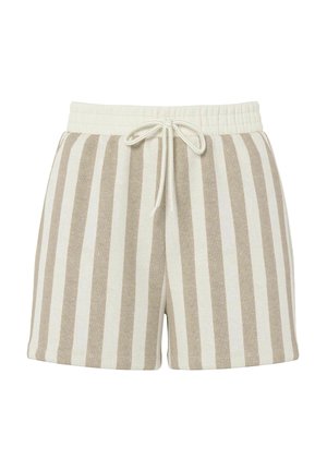 Shorts rayés en tissu doux et texturé. Dotés d'une taille élastique avec cordon de serrage en beige et crème, avec des rayures verticales dans des tons clairs et foncés.