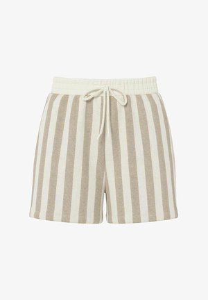Shorts rayés en tissu doux et texturé. Dotés d'une taille élastique avec cordon de serrage en beige et crème, avec des rayures verticales dans des tons clairs et foncés.