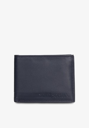 Marineblauwe leren portemonnee met een gladde textuur, rechthoekige vorm, zichtbare stiksels en een geperst logodetail aan de voorkant.