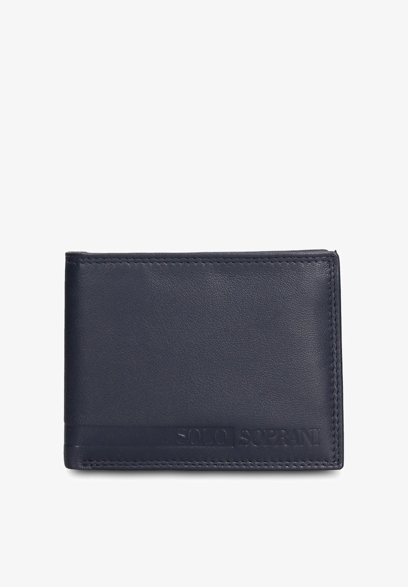 Marineblauwe leren portemonnee met een gladde textuur, rechthoekige vorm, zichtbare stiksels en een geperst logodetail aan de voorkant.