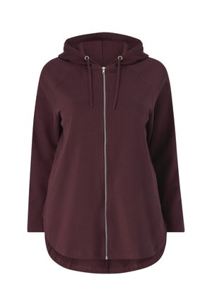 Bordeaux zip-hoodie med foret hætte, lange ærmer og rundet kant. Fremstillet af glat stof med snore og sølvfarvede metal detaljer.