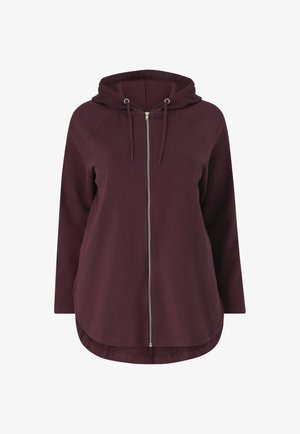 Bordeauxfarbene Zip-Hoodie mit gefütterter Kapuze, langen Ärmeln und abgerundetem Saum. Hergestellt aus glattem Stoff mit Kordelzügen und silbernen Hardware-Akzenten.