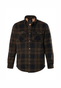 Camisa de franela a cuadros en azul oscuro y marrón, con dos bolsillos en el pecho, cierre de botones y un suave forro interior.