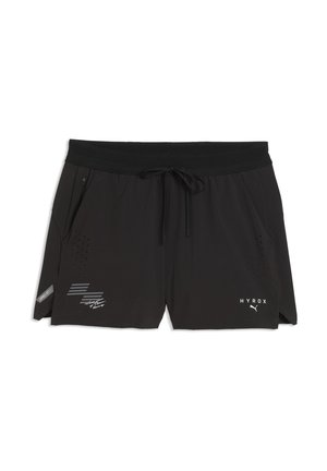 Schwarze sportliche Shorts mit Kordelzugbund, seitlichen Reißverschlusstaschen, perforierter Belüftung und weißen HYROX- und Puma-Logos vorne.