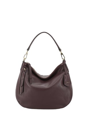 Dark brown leather shoulder bag with a curved handle, zippered pocket, and a small attached tag on a white background.