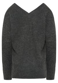 Pull en maille côtelée gris foncé à manches longues et col en V large, présenté à plat.