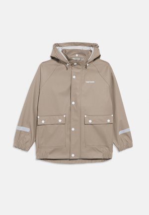 Beige waterproof jacket with a hood, featuring white reflective strip, front snap buttons, and two large pocket flaps. Smooth texture.
