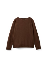 Maglione in maglia marrone con maniche lunghe, scollatura rotonda e polsini e orlo a costine. Tessuto morbido, vestibilità casual e spalle raglan senza cuciture.
