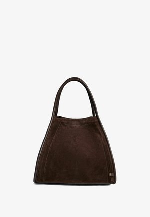 Ruskea mokkahandbag nahkareunoilla. Ominaisuudet trapezoidinen muoto ja pyöristetyt kahvat. Suora pinta ja vähäiset metalliosat.