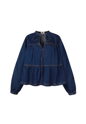 Donkerblauwe denim blouse met een geraffineerd ontwerp, ronde halslijn, verstelbare strik en lange mouwen met elastische manchetten. Bevat gelaagdheid.