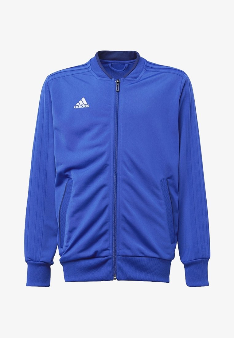 Modrá sportovní bunda vyrobená z hladkého polyesteru. Obsahuje plný zip, žebrované manžety a spodní lem a tři bílé pruhy na rukávech. Sportovní logo na hrudi.