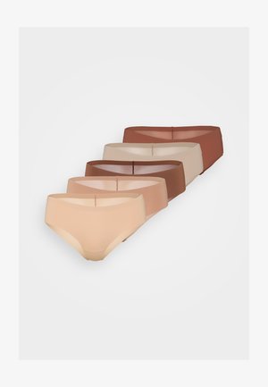 Cinq paires de culottes sans couture dans différentes nuances de peau. Les caractéristiques incluent une finition lisse, une taille élastique et aucune couture visible.