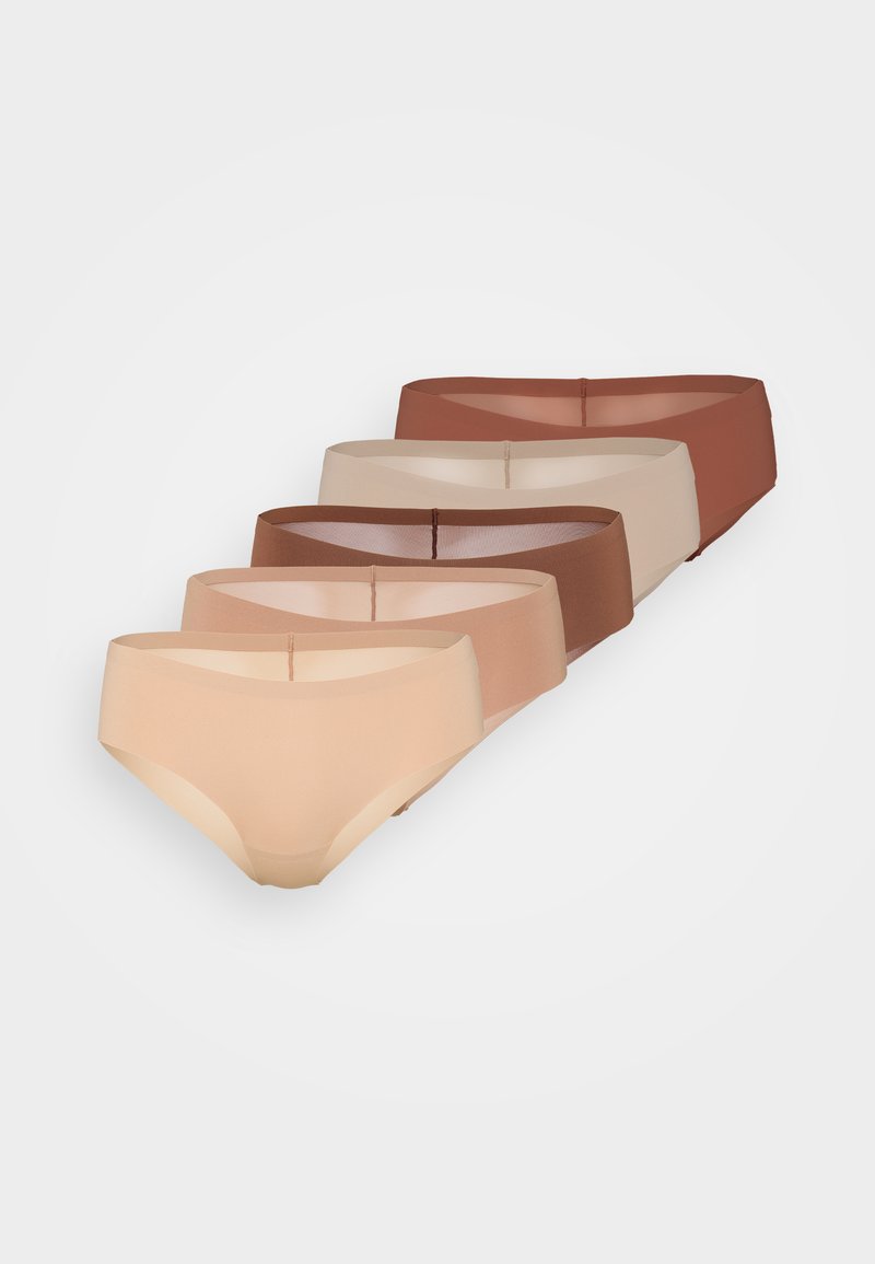Five pairs of seamless panties in varying skin-tone shades. Features include a smooth finish, elastic waistband, and no visible seams.