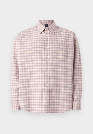 Long-sleeve button-up shirt in light pink plaid pattern, featuring navy and beige lines, rounded hem, and a single chest pocket.