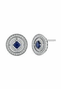 Pendientes de studs plateados en forma redonda con una piedra preciosa cuadrada azul en el centro, rodeada de radios que emanan y un doble halo de pequeñas piedras claras.