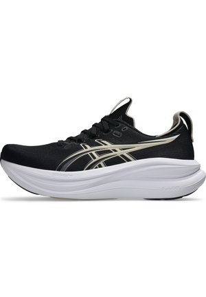 Sort løbesko med hvid sål, beige Asics-logo på siden og trækflapper på hæl og tunge, set fra ydersiden.