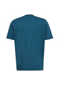 Teal bomull t-shirt med kort ärm, rund halsringning och en avslappnad passform. Enfärgad baksida utan tryck eller synliga sömmar.