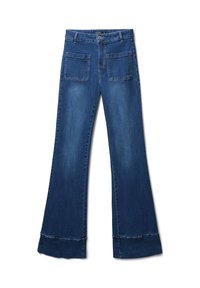 Dunkelblaue Jeans im Bootcut-Stil mit Knopfverschluss, zwei vorderen Taschen und einer breiten Manschette am Saum. Glatte Textur und klassischer Schnitt.