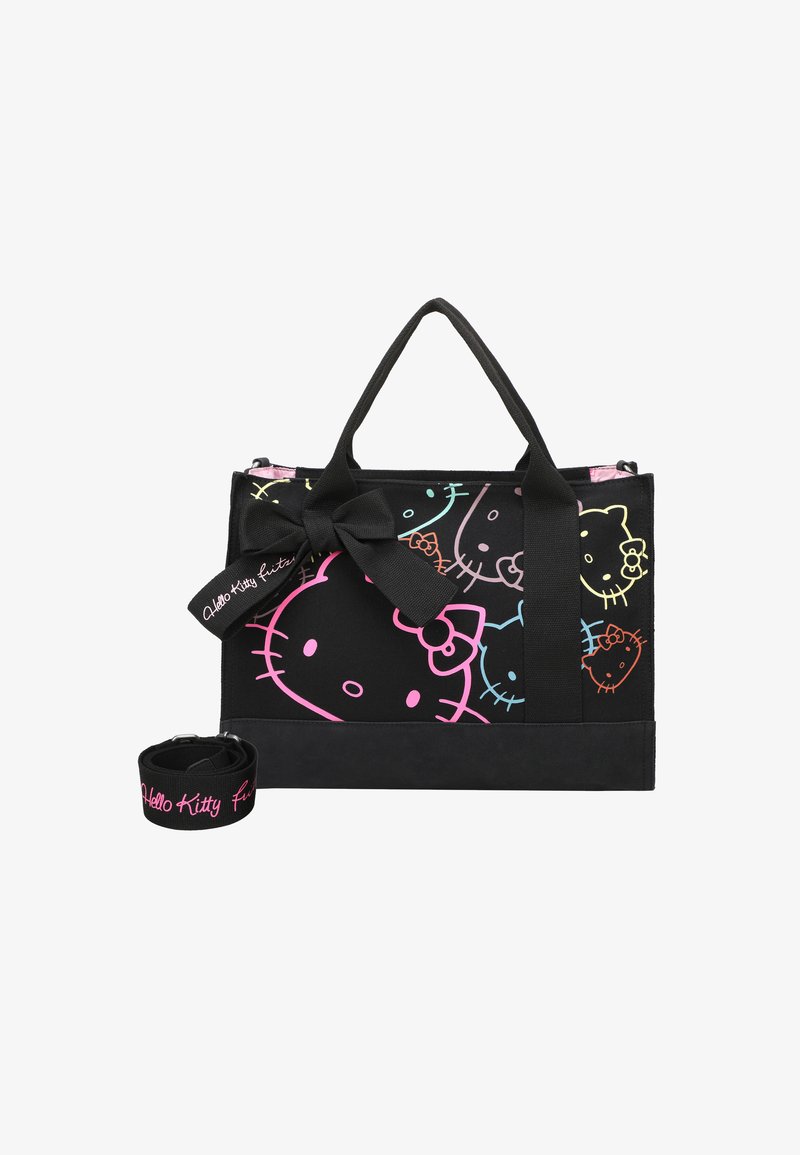 Borsa a tracolla in tela nera con illustrazioni colorate di Hello Kitty in rosa, blu e giallo. Include una tracolla nera con logo e dettaglio a fiocco.