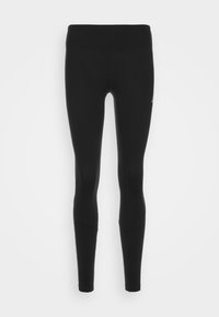 Leggings negros de tela elástica. Presentan una cinturilla alta, textura suave y un diseño ajustado. Incluyen un sutil detalle de logo en el lateral.