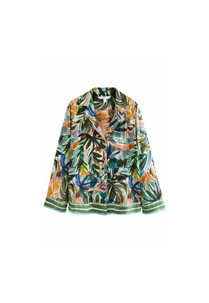 Floral print shirt in lightweight fabric, featuring green, blue, orange, and pink colors. Notable details include a collar and long sleeves with striped cuffs.