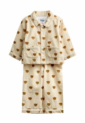 Beige stribede baby-pyjamas med brune bjørne ansigter, lange ærmer, knapper foran, krave og to forlommer.