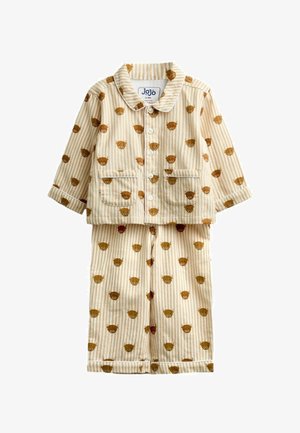 Beige stribede baby-pyjamas med brune bjørne ansigter, lange ærmer, knapper foran, krave og to forlommer.