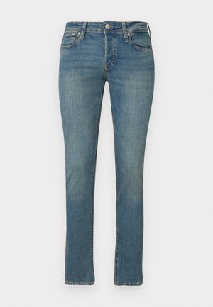 Light blue denim jeans with a straight leg, five-pocket design, front button closure, and subtle whiskering details on the fabric.