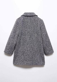 Gray and white textured wool coat with collar and long sleeves, shown from the back on a white background.