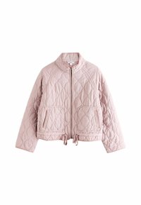 Veste matelassée rose avec un col montant, une fermeture éclair à l'avant, deux poches latérales, un ourlet à cordon de serrage et un motif texturé sur toute la surface.