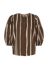 Brun og hvid stribet bluse med puffede ærmer, rund halsudskæring og knaplukning. Lavet af letvægtsstof, med vertikale striber.