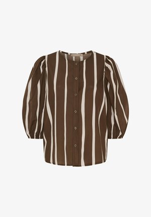 Brun og hvid stribet bluse med puffede ærmer, rund halsudskæring og knaplukning. Lavet af letvægtsstof, med vertikale striber.